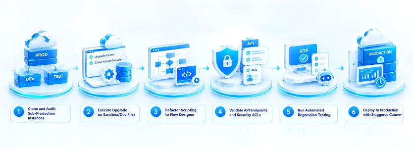 <b class='highlightText'> Refactor Scripting to Flow Designer:</b> Convert legacy wf_workflow activities and custom JavaScript into native Flow Designer actions and Integration Hub spokes before moving to higher environments.