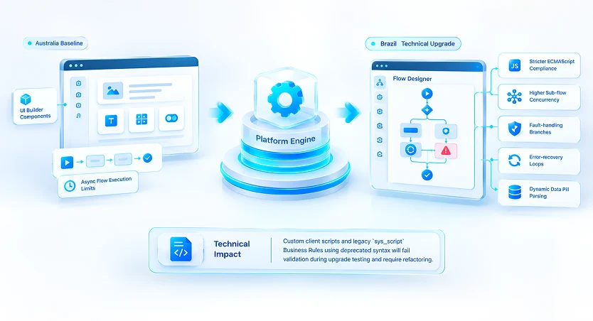 <b class='highlightText'>Brazil Technical Upgrade:</b> Upgrades the underlying JavaScript engine, enforcing stricter ECMAScript compliance and offering expanded sub-flow execution concurrency. Flow Designer gains native fault-handling branches, automated error-recovery loops, and enhanced dynamic data pill parsing.