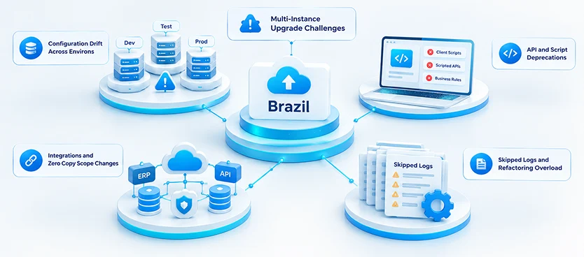 <b class='highlightText'>Configuration Drift Across Environs:</b> Over time, sub-production environments diverge from Production due to ad-hoc update sets, uncommitted patches, or delayed cloning. Upgrading to Brazil with uncoordinated configurations causes update set collisions and broken dependency chains.